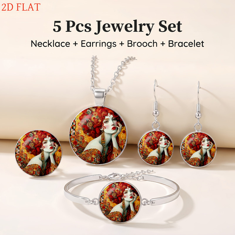 5pcs Art Nouveau Inspired Jewelry Set, Necklace & Earrings